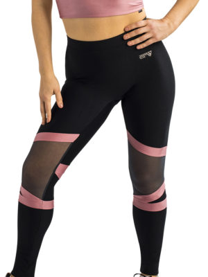 ERVY taillierte schwarze Legging mit Einsatz Tüll und glänzenden Streifen.