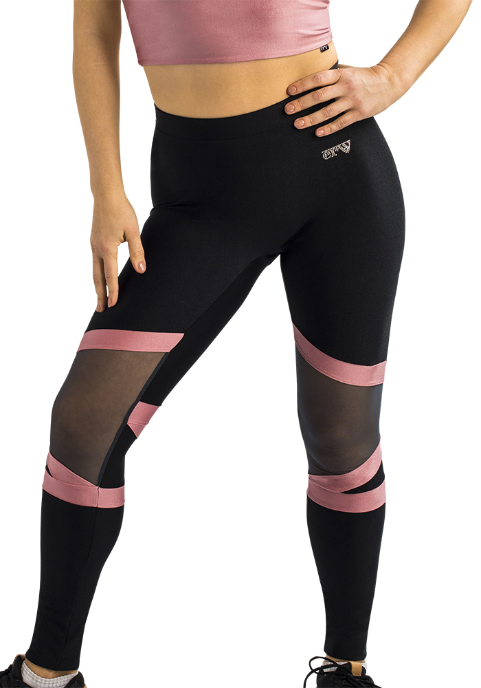 ERVY taillierte schwarze Legging mit Einsatz Tüll und glänzenden Streifen.